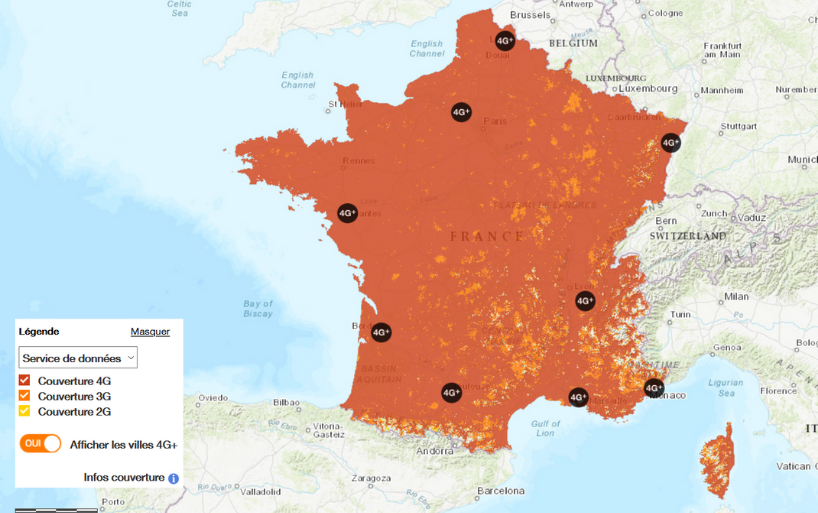 Carte du taux de couverture sur le territoire français chez Orange