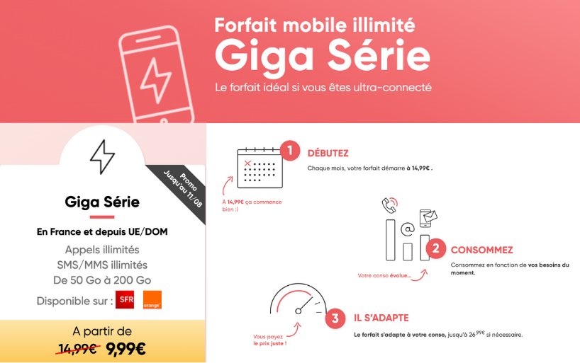 Nouvelle Giga Série Prixtel : 50 Go à partir de 9,99€ au lieu de 14,99€ par mois