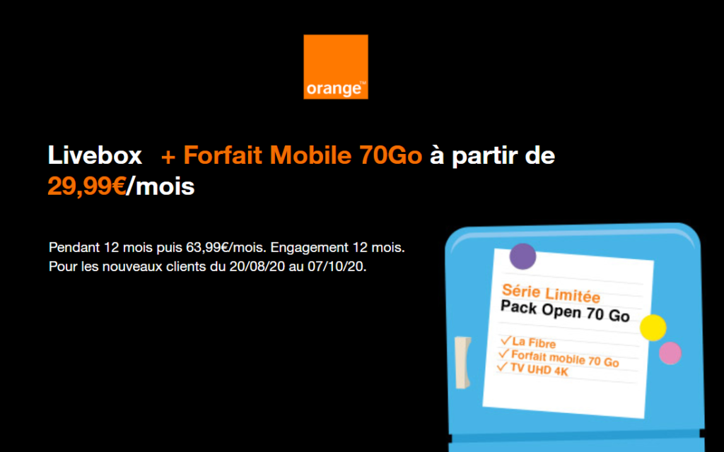 Le Pack Open Orange 70 gigas à 29,99 euros par mois