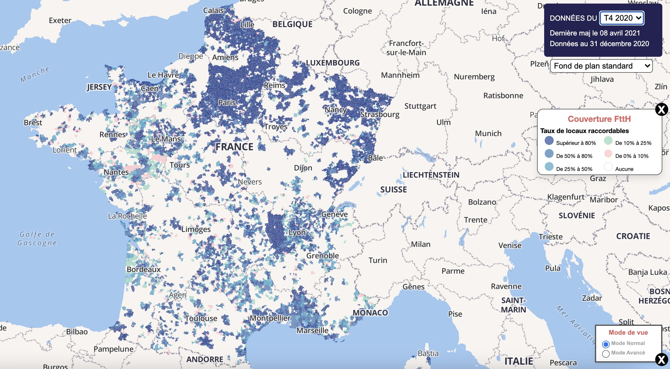 Carte de la couverture fibre sur le territoire français