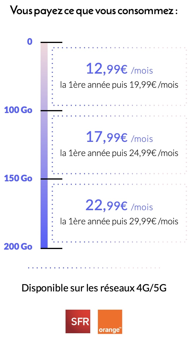 Les différents paliers du forfait 100 Go Prixtel