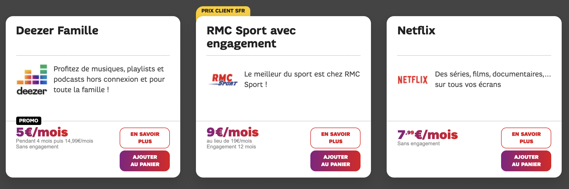 les options avec forfait SFR