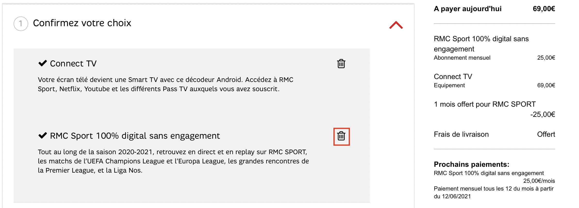 detail du panier lors de l'achat du décodeur