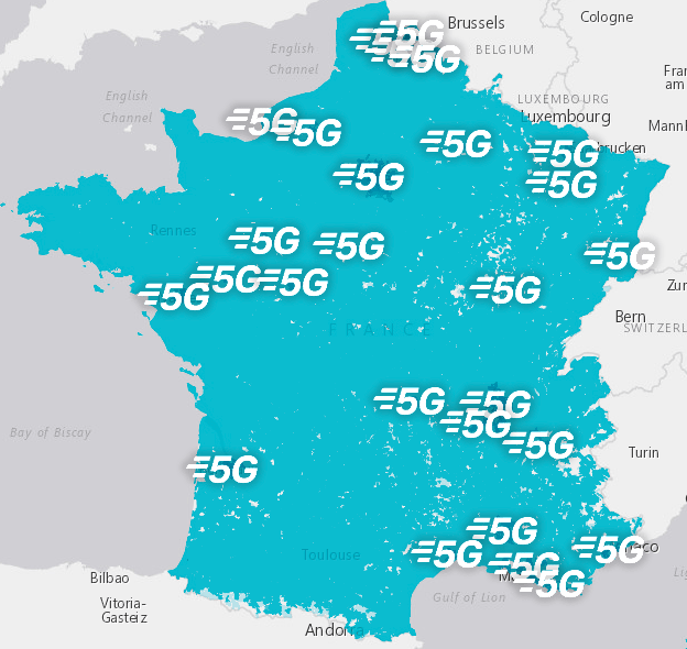 Carte de France avec la représentation du réseau 5G de Bouygues Télécom
