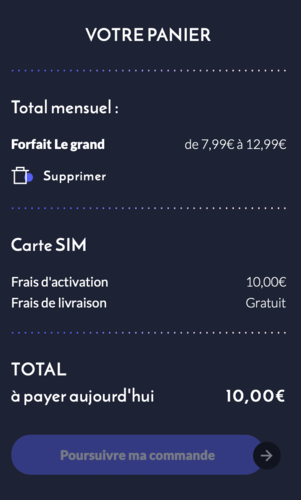 exemple d'un récapitulatif de panier sur le site de prixtel