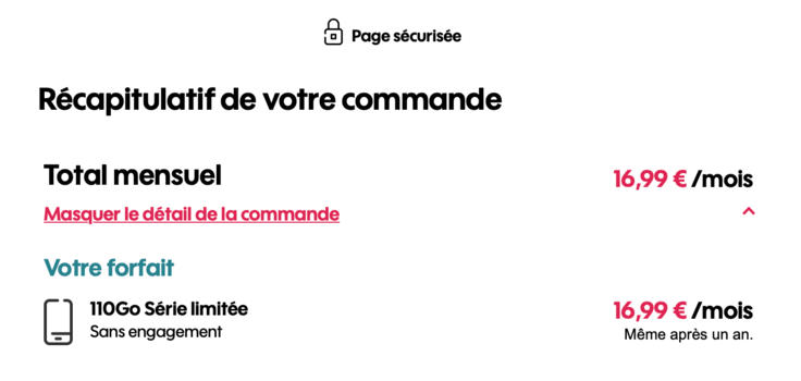 Exemple de récapitulatif de commande d'un forfait mobile pas cher Sosh