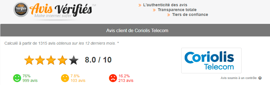 Site avis vérifiés : note attribuée à Coriolis par les clients
