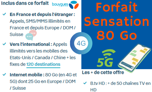 Descriptif du forfait 4G illimité Bouygues Sensation avec 80 Go