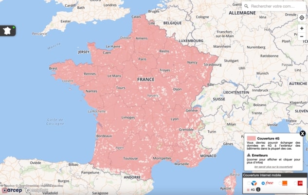 carte de la couverture mobile 4G de Free