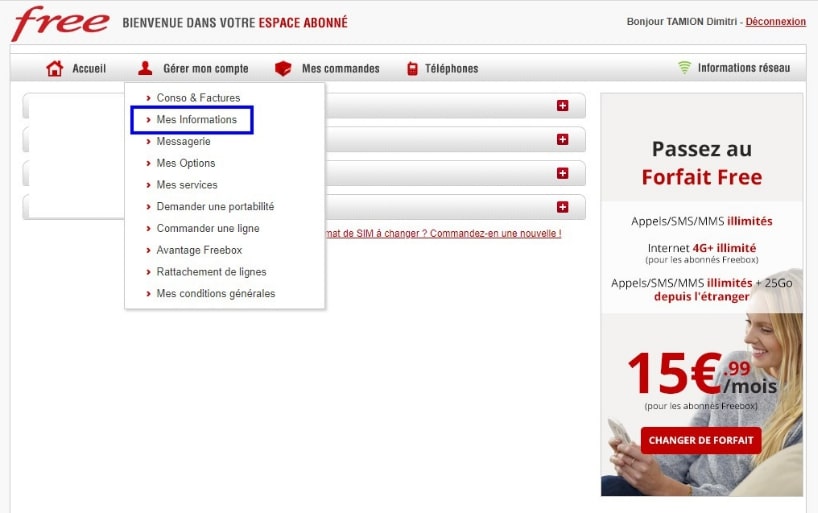Espace "Mes informations" de l'espace abonné Free