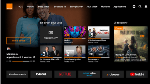 Interface de l'application TV d'Orange