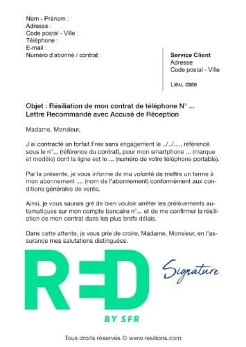 écriture lettre de résiliation pour résilier box RED