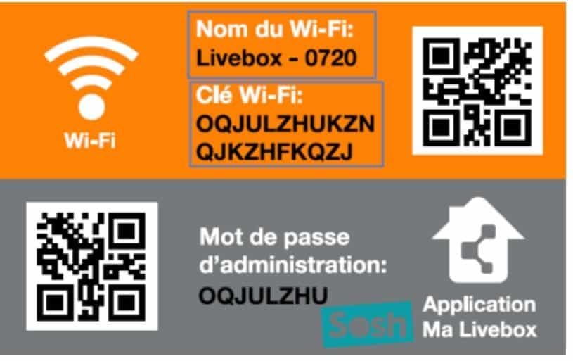 Carte avec les identifiants de connexion au Wifi Sosh