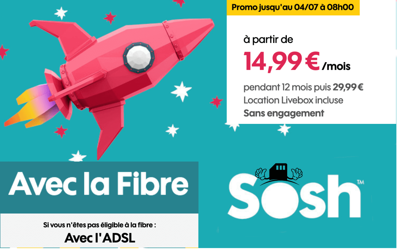 L'offre boite Sosh avec la Fibre ou l'ADSL à 14,99€/mois