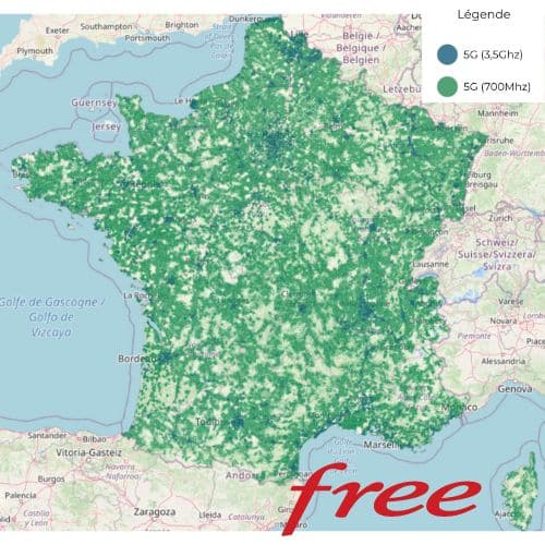 Carte de couverture réseau 5G de l'opérateur mobile Free