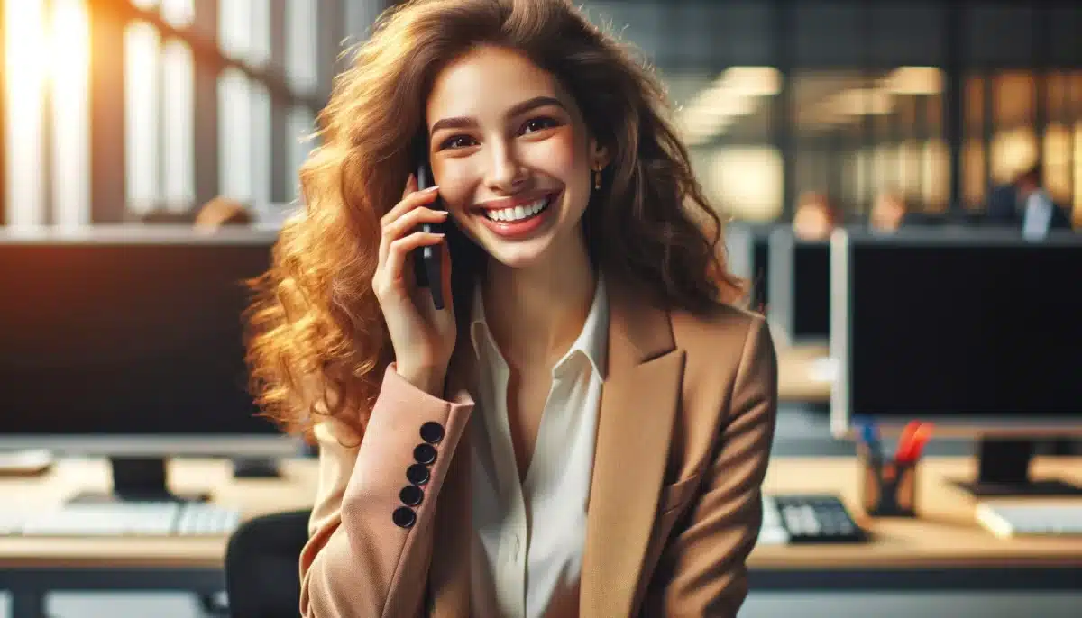 ne jeune femme aux cheveux bouclés de couleur châtain et d'origine caucasienne, habillée de façon professionnelle, parle au téléphone avec un grand sourire