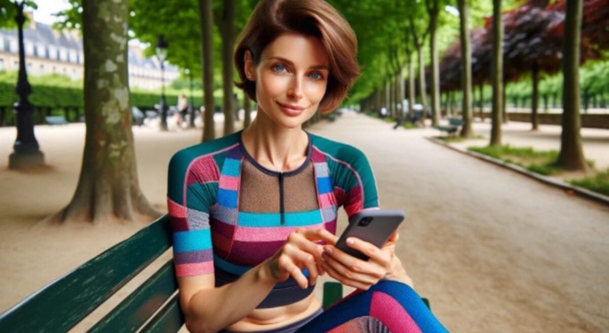 L'image montre une femme caucasienne d'une trentaine d'années assise sur un banc dans un parc public, typiquement français. Elle utilise son forfait mobile en promotion d'Auchan télécom