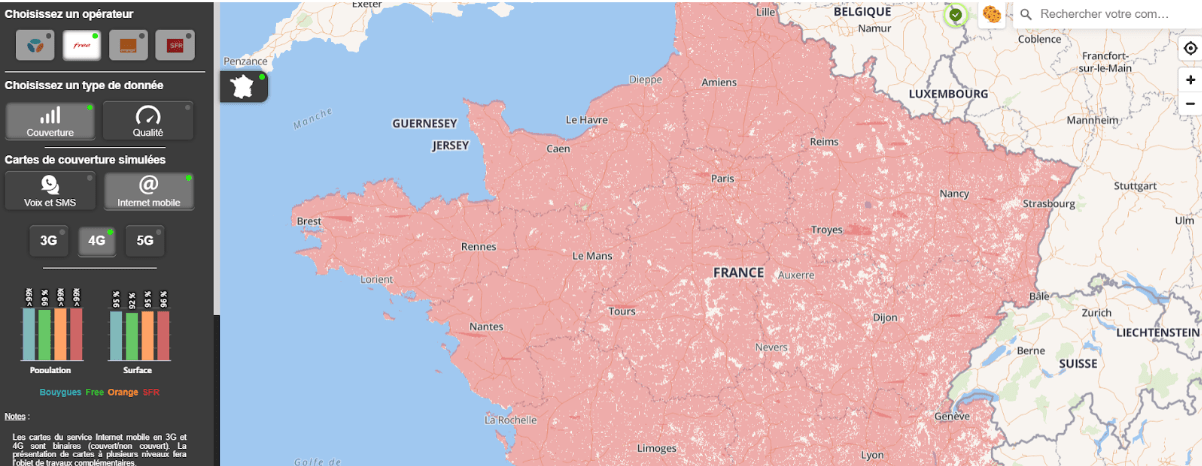 Carte interactive de la couverture 4G des opérateurs
