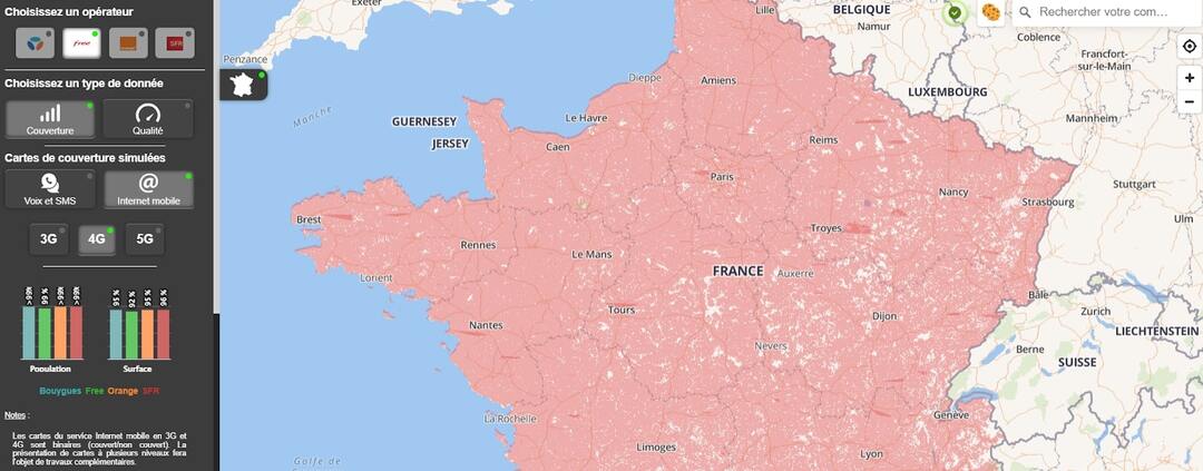 La carte de couverture réseau mobile de l'ARCEP