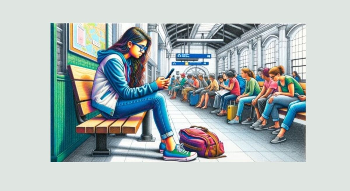 Dessin détaillé en couleurs d'une jeune fille adolescente hispanique, aux cheveux longs et ondulés, portant des lunettes rondes, assise sur un banc de gare. Elle est concentrée sur son smartphone