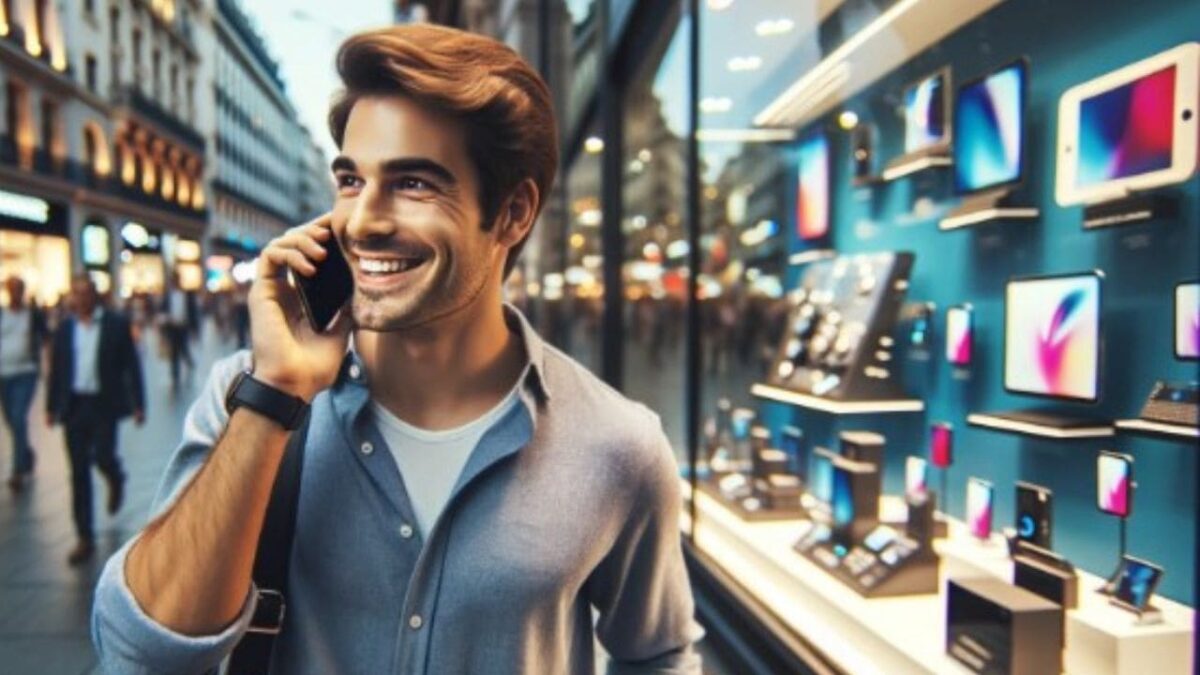 Un homme au téléphone devant un magasin d'objets technologiques