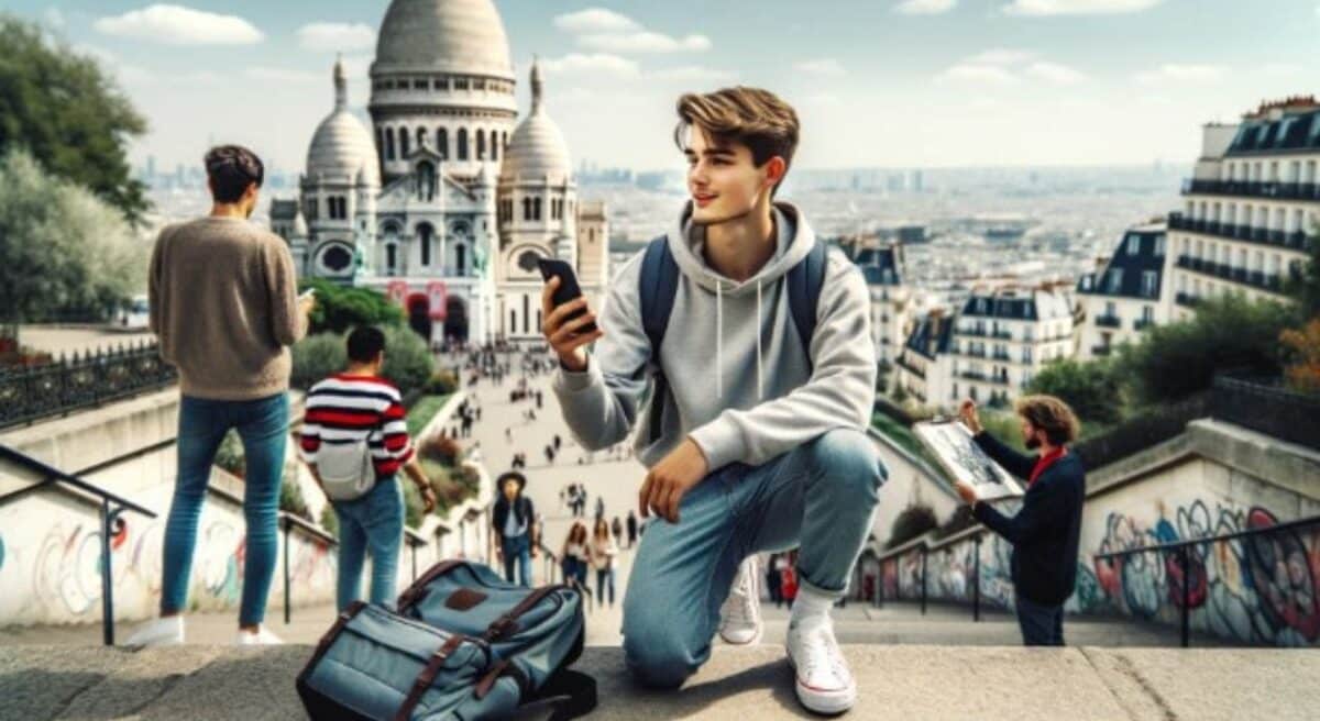 Un jeune homme blanc de 20 ans, vêtu de vêtements de sport décontractés, utilise un smartphone sur les marches de la Basilique du Sacré-Cœur à Montmartre.