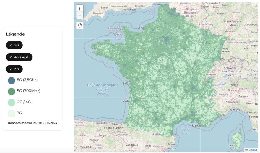 Carte de la couverture réseau mobile de Free